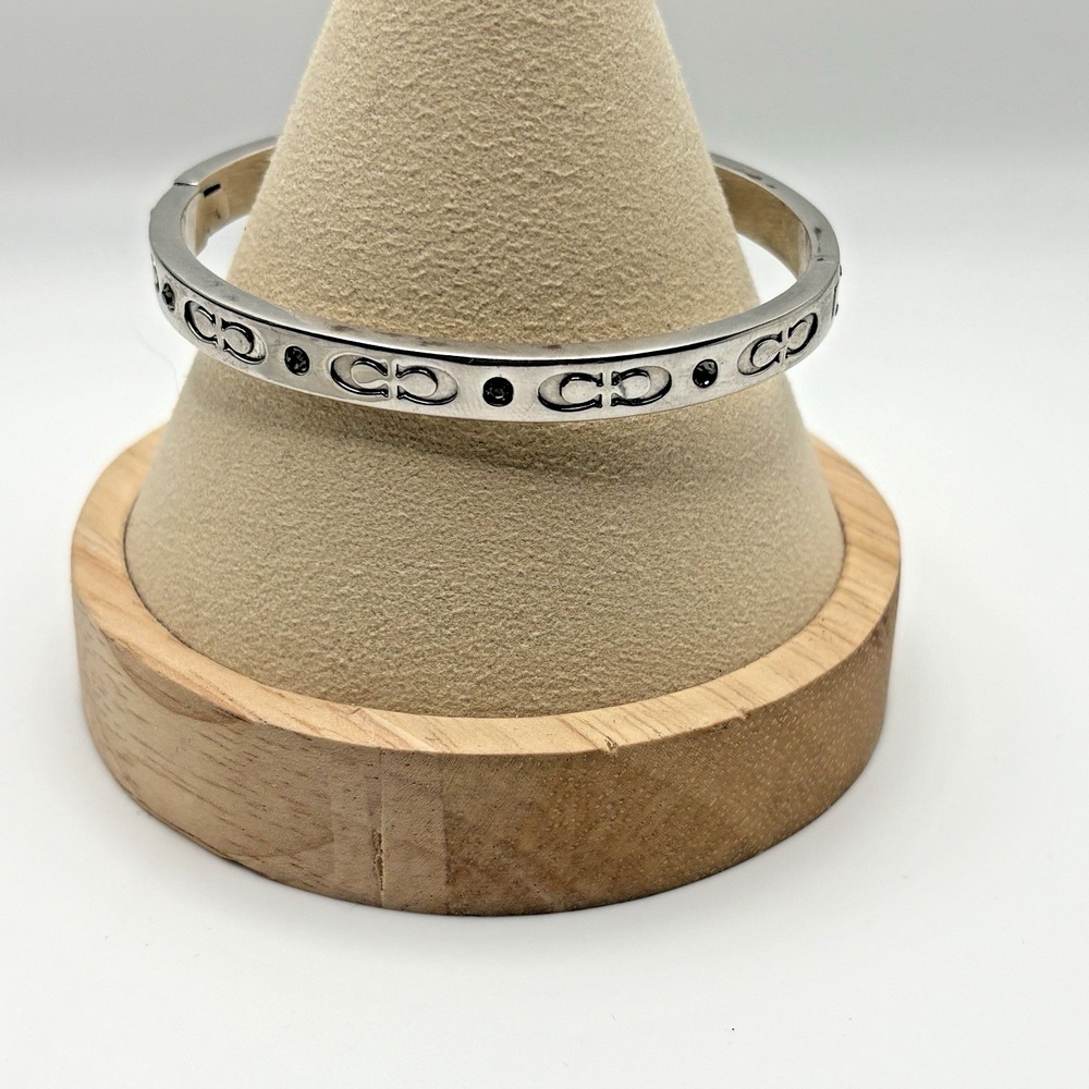 Coach Silver Tone Hinged Bangle Bracelet Logo Rhinestones READ
